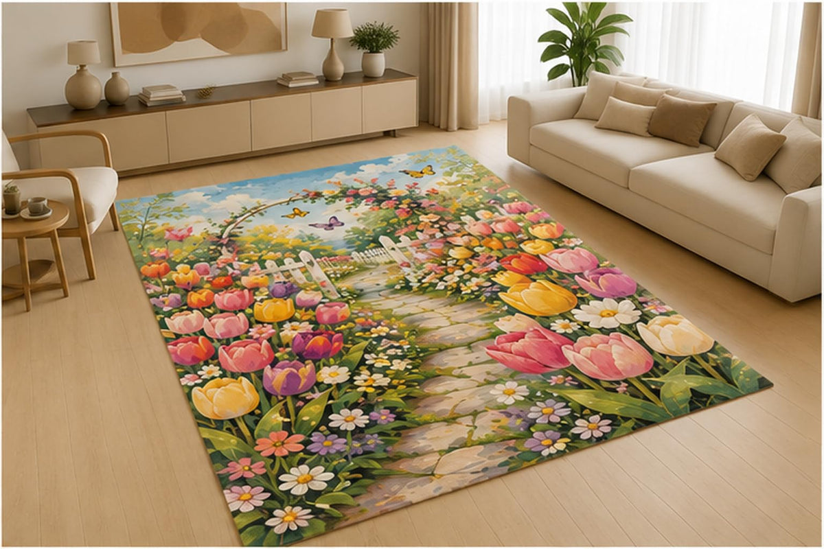 ICE ARMOR 5' x 7' Wildflower Meadow Area Rug, Soft Low Pile Indoor Rug with Non-Slip Silicone Backing for Living Room, Bedroom, Nursery, Playroom, Kids Room, Kids & Pets, Multicolor