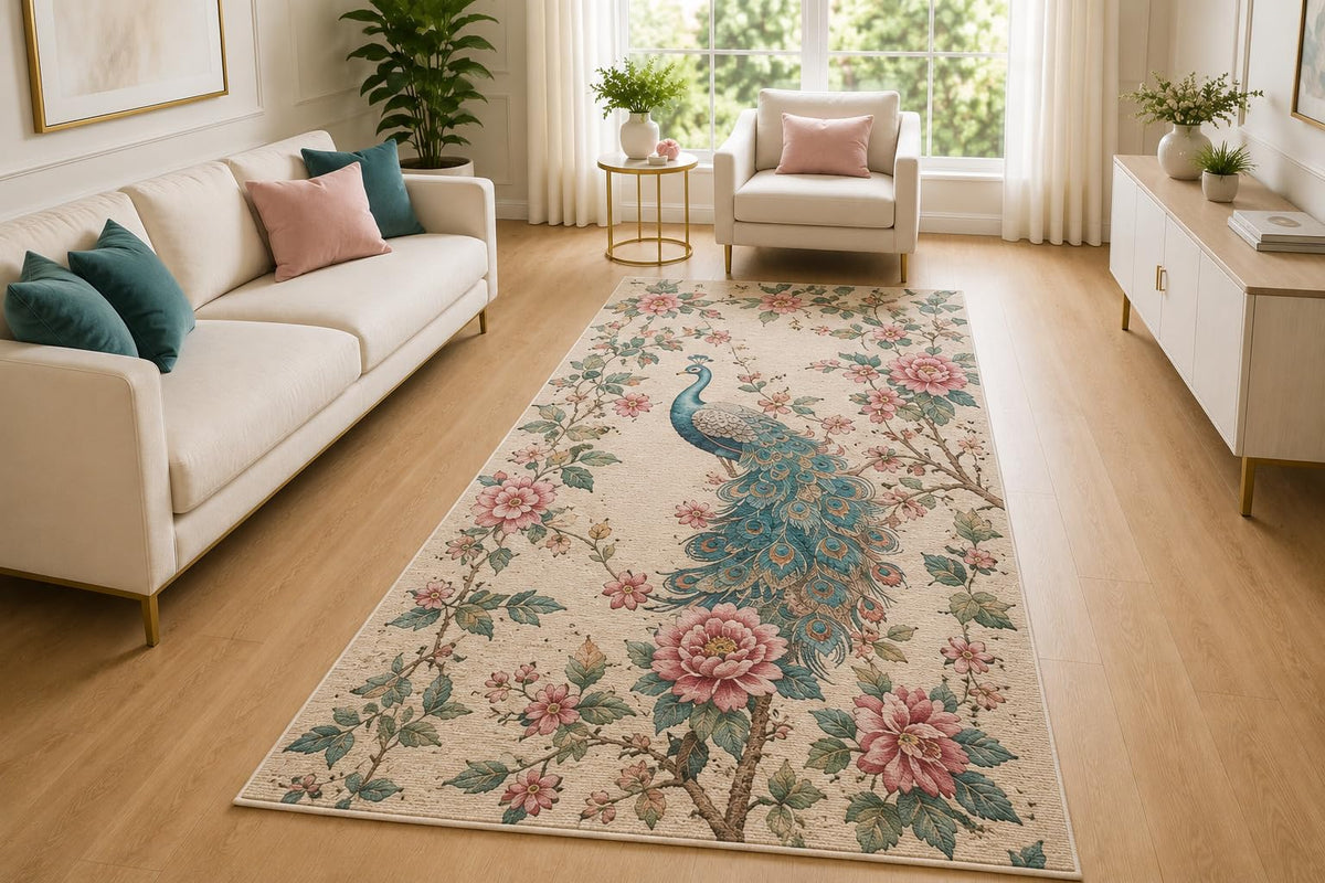 ICE ARMOR 5' x 7' Peacock Floral Garden Area Rug for Living Room, Soft Low Pile Indoor Rug with Non-Slip Silicone Backing, Decorative Carpet for Bedroom, Office, Family Room, Kids & Pets, Teal Pink