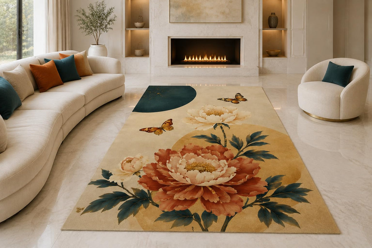 ICE ARMOR "Ultra Lightweight Large 6'7" x 9'10" Peony Butterflies Area Rug for Living Room, Bedroom and Home Office, Soft Low Pile Carpet with Non-Slip Silicone Backing, Orange and Teal