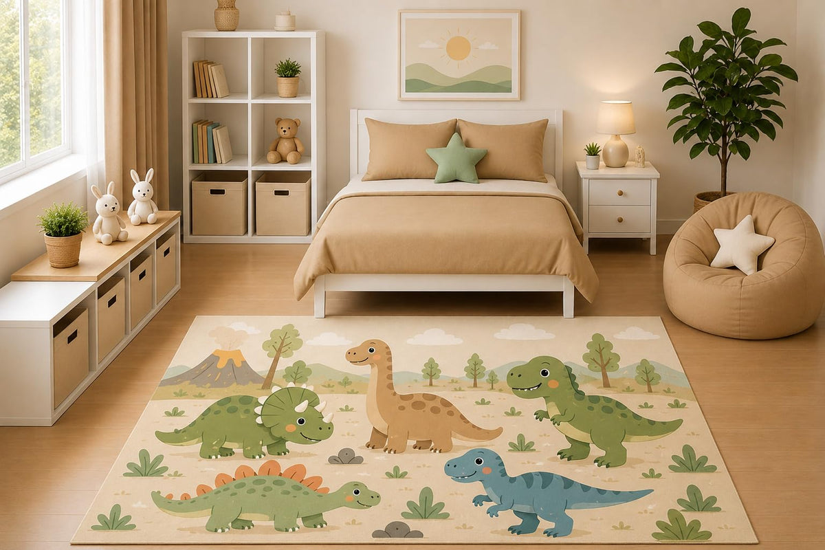 ICE ARMOR 5' x 7' Cute Dinosaur Friends Area Rug Cartoon Jurassic Safari Kids Bedroom Nursery Playroom Decor for Boys Toddler Room Non-Slip Silicone Backing Low Pile