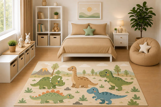 ICE ARMOR 5' x 7' Cute Dinosaur Friends Area Rug Cartoon Jurassic Safari Kids Bedroom Nursery Playroom Decor for Boys Toddler Room Non-Slip Silicone Backing Low Pile
