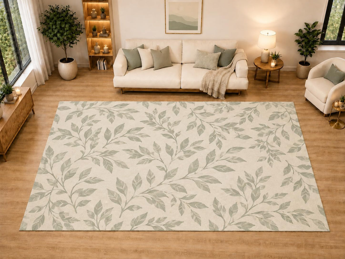 ICE ARMOR "Ultra Light Weight Large 6'7" x 9'10" Sage Branch Pattern Area Rug for Living Room, Bedroom, Dining Room, Soft Low Pile Non-Slip Backing, Ivory Green