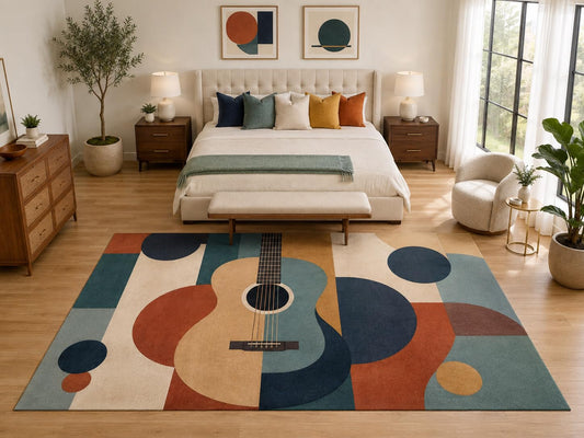 ICE ARMOR "Ultra Light Weight Large 6'7" x 9'10" Abstract Acoustic Guitar Rug, Soft Low Pile Indoor Rug, Non-Slip Silicone Backing for Bedroom Teal Orange