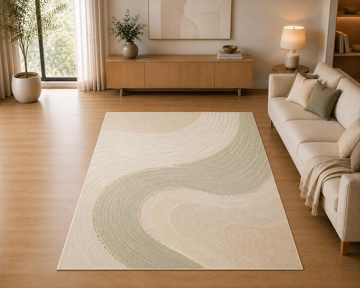 ICE ARMOR 5' x 7' Modern Flowing Wave Area Rug for Living Room, Soft Low Pile Indoor Rug with Non-Slip Silicone Backing, Decorative Carpet for Bedroom, Office, Family Room, Sage Green