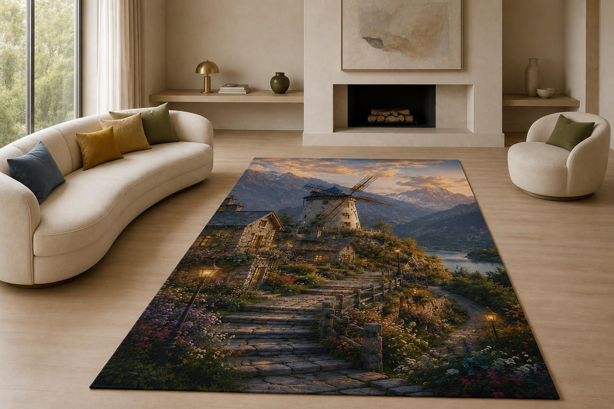 ICE ARMOR "Ultra Lightweight Large 6'7" x 9'10" Alpine Windmill Village Area Rug for Living Room, Bedroom and Home Office, Soft Low Pile Carpet with Non-Slip Silicone Backing, Blue and Brown