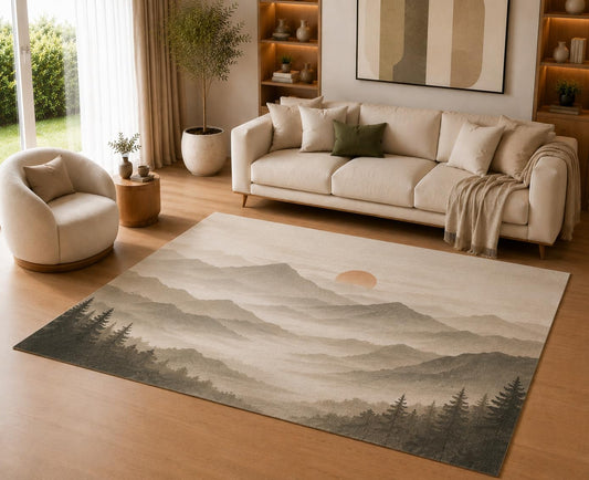 ICE ARMOR 5' x 7' Misty Mountain Sunrise Area Rug, Soft Low Pile Indoor Rug with Non-Slip Silicone Backing, Scenic Nature Carpet for Living Room, Bedroom, Office, Family Room, Gray Beige