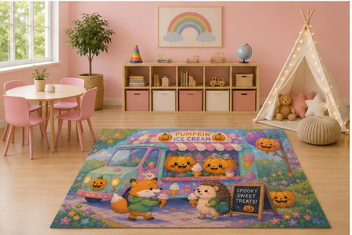 ICE ARMOR 5' x 7' Pumpkin Ice Cream Truck Kids Area Rug, Cute Halloween Fox Hedgehog Sweet Treats Cartoon Playroom Nursery Bedroom Decor, Non-Slip Silicone Backing Low Pile