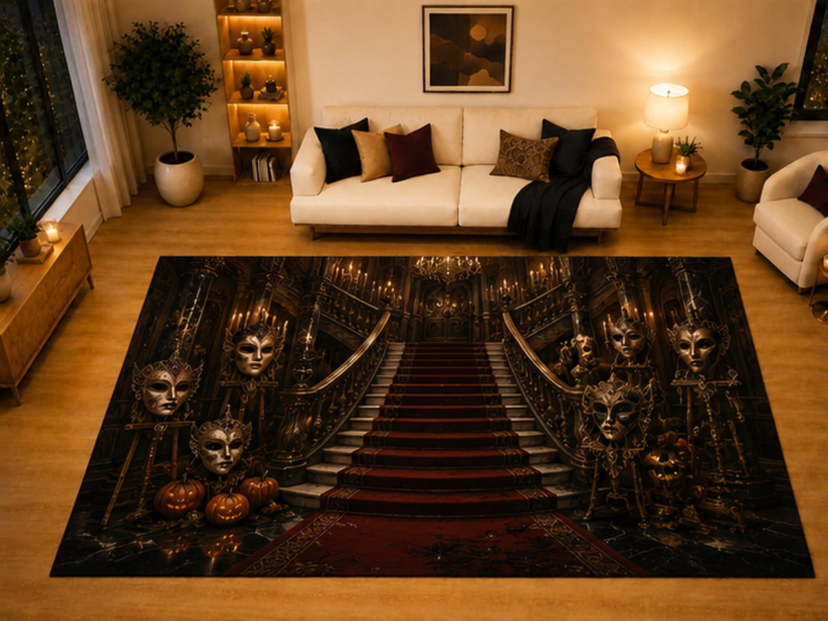 ICE ARMOR "Ultra Light Weight Large 6'7" x 9'10" Masquerade Staircase Gothic Area Rug for Living Room Bedroom Dining Area, Soft Low Pile Non-Slip Backing, Black Burgundy Victorian Halloween Decor
