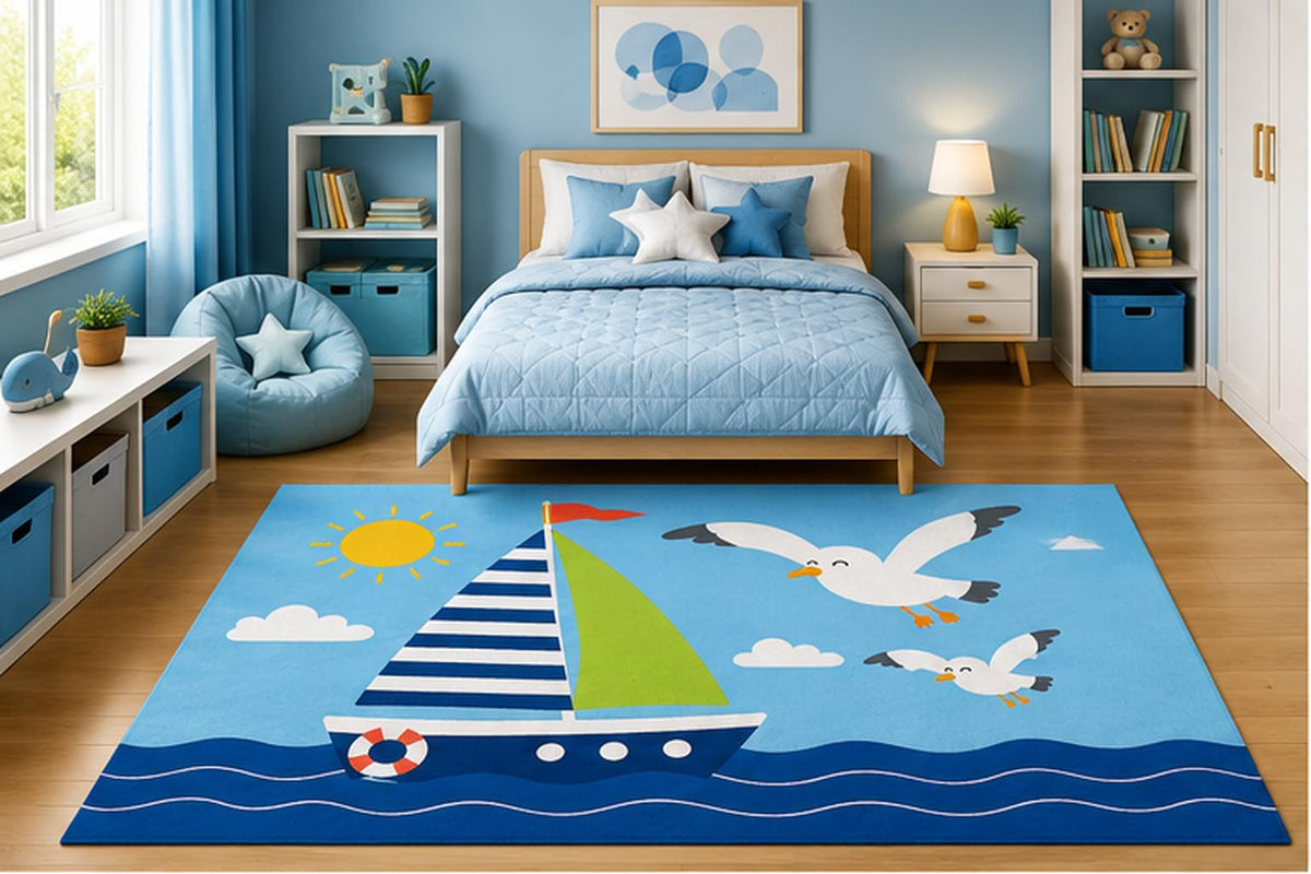 ICE ARMOR 5' x 7' Minimalist Sailboat with Flying Seagulls Area Rug for Boys Bedroom Nursery Playroom Scandinavian Coastal Nautical Decor Non-Slip Silicone Backing Low Pile