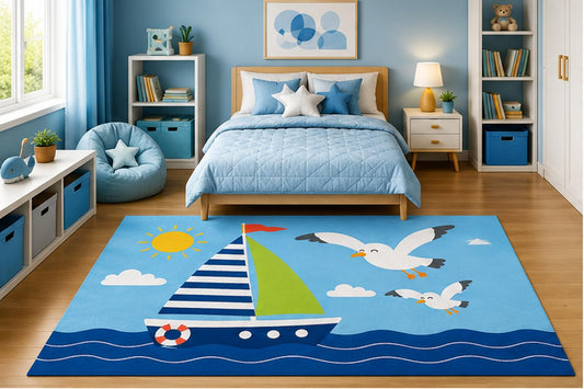 ICE ARMOR 5' x 7' Minimalist Sailboat with Flying Seagulls Area Rug for Boys Bedroom Nursery Playroom Scandinavian Coastal Nautical Decor Non-Slip Silicone Backing Low Pile