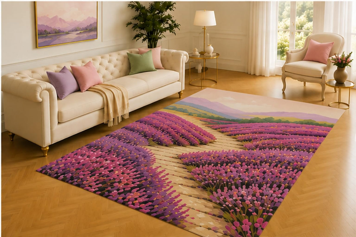 ICE ARMOR 5' x 7' Lavender Farm Rug, Sweeping Purple and Pink Rows Along a Country Path Beneath Pastel Hills, Picturesque Touch for Loft, Boudoir or Creative Room