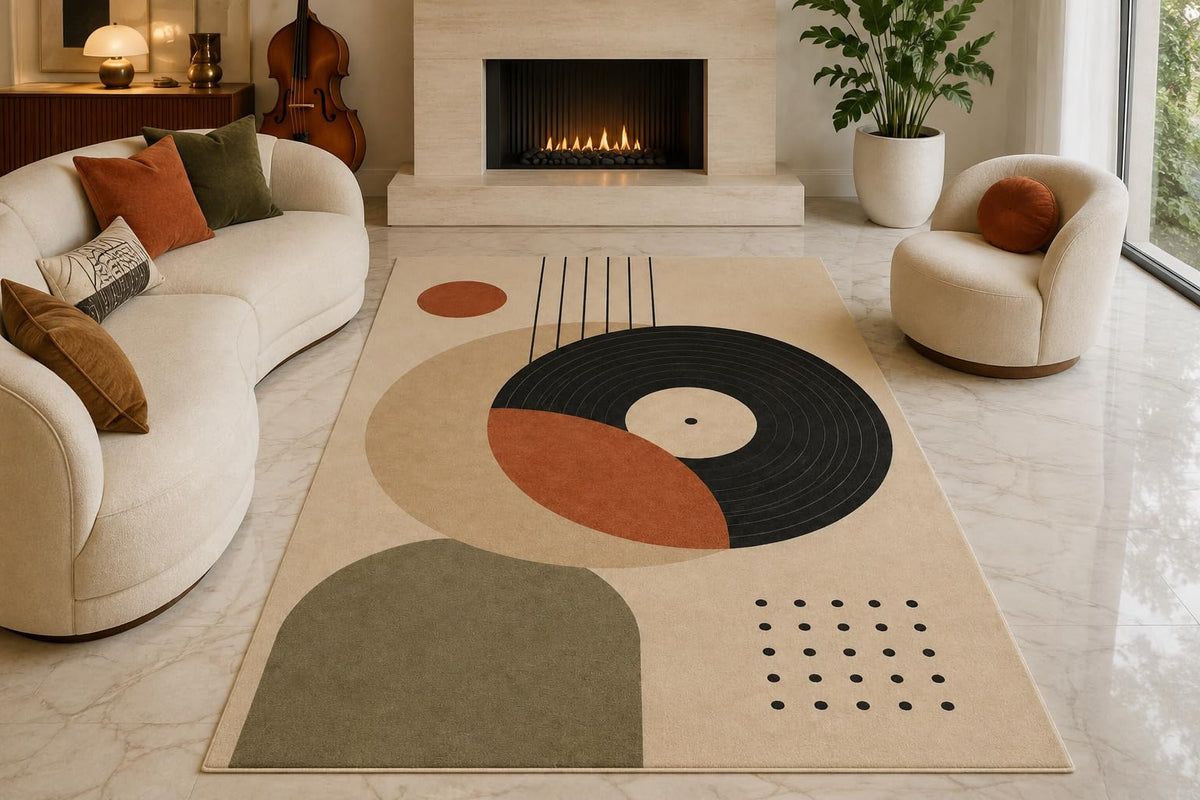 ICE ARMOR "Ultra Lightweight Large 6'7" x 9'10" Retro Vinyl Record Area Rug for Living Room, Bedroom and Home Office, Soft Low Pile Carpet with Non-Slip Silicone Backing, Black and Beige