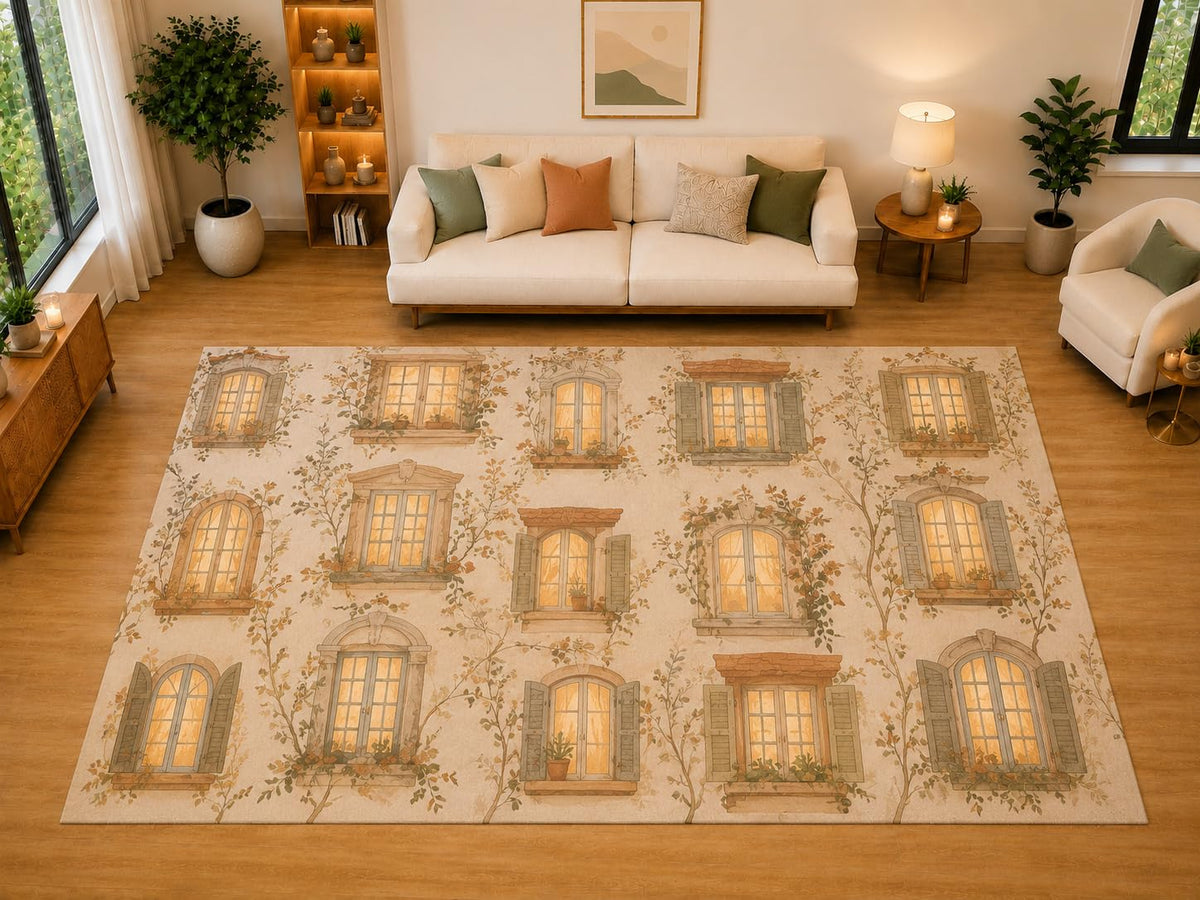 ICE ARMOR "Ultra Light Weight Large 6'7" x 9'10" Cottage Window Pattern Area Rug for Living Room, Bedroom, Dining Room, Soft Low Pile Non-Slip Backing, Warm Beige