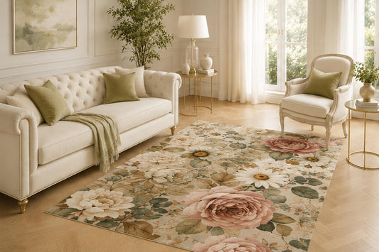 ICE ARMOR 5' x 7' Vintage Rose and Daisy Area Rug for Living Room, Soft Low Pile Indoor Carpet with Non-Slip Backing for Bedroom, Dining Room, Office, Beige