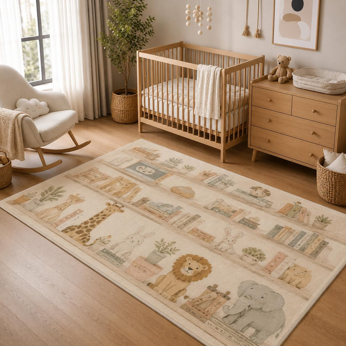 ICE ARMOR 5' x 7' Storybook Animal Bookshelf Area Rug, Soft Low Pile Indoor Rug with Non-Slip Silicone Backing, Nursery Carpet for Kids Room, Playroom, Kids and Pets, Beige Pastel