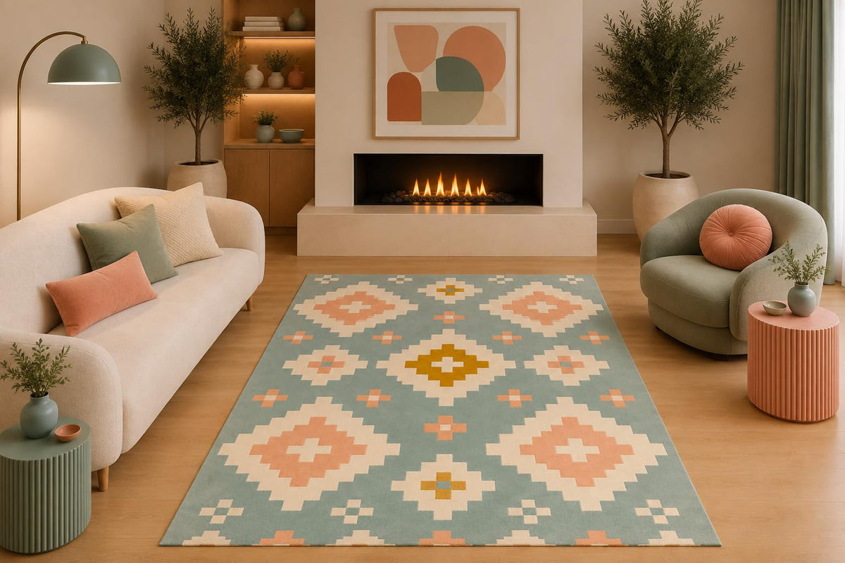 ICE ARMOR 5' x 7' Southwestern Geometric Area Rug Tribal Diamond Pattern Sage Green Peach Cream Mustard for Living Room Bedroom Dining Room Non-Slip Silicone Backing Low Pile