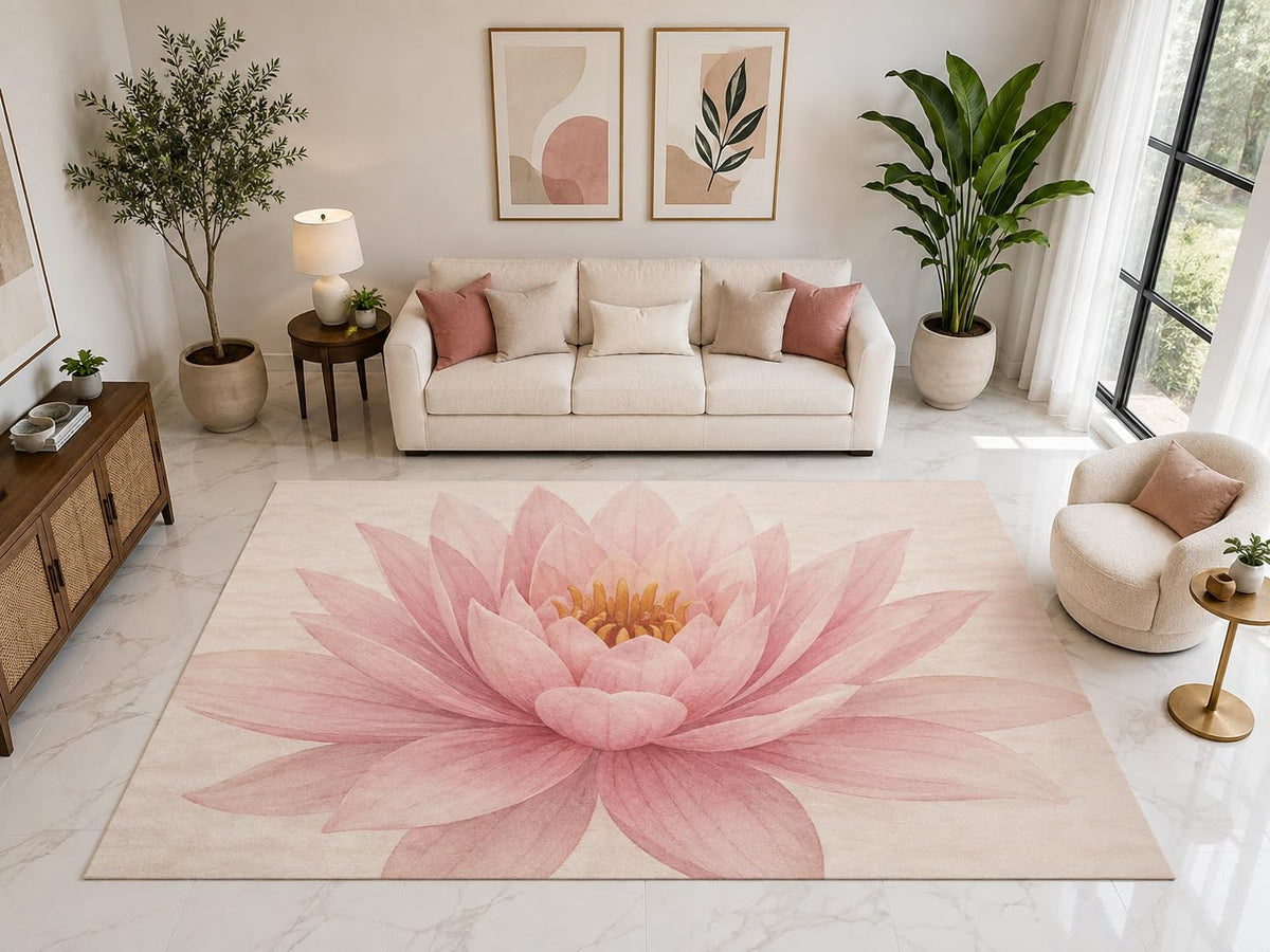 ICE ARMOR "Ultra Light Weight Large 6'7" x 9'10" Pink Lotus Flower Rug, Soft Low Pile Indoor Rug, Non-Slip Silicone Backing for Living Room Pink