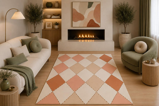 ICE ARMOR 5' x 7' Modern Argyle Area Rug Minimalist Geometric Diamond Pattern Blush Beige Cream for Living Room Bedroom Dining Room Non-Slip Silicone Backing Low Pile