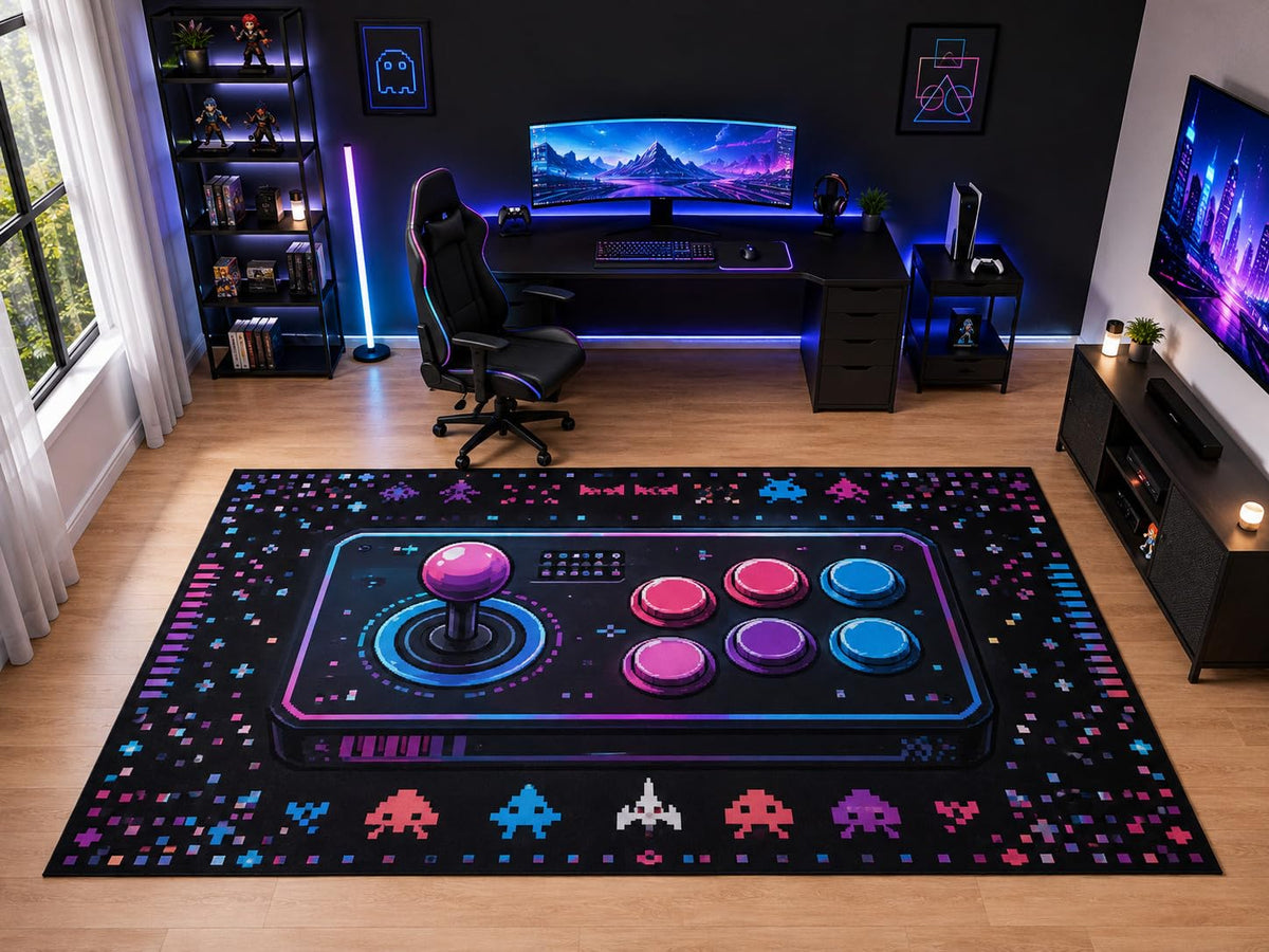 ICE ARMOR "Ultra Light Weight Large 6'7" x 9'10" Retro Arcade Joystick Area Rug for Kids Room Playroom, Soft Low Pile Indoor Rug and Non-Slip Silicone Backing, Black