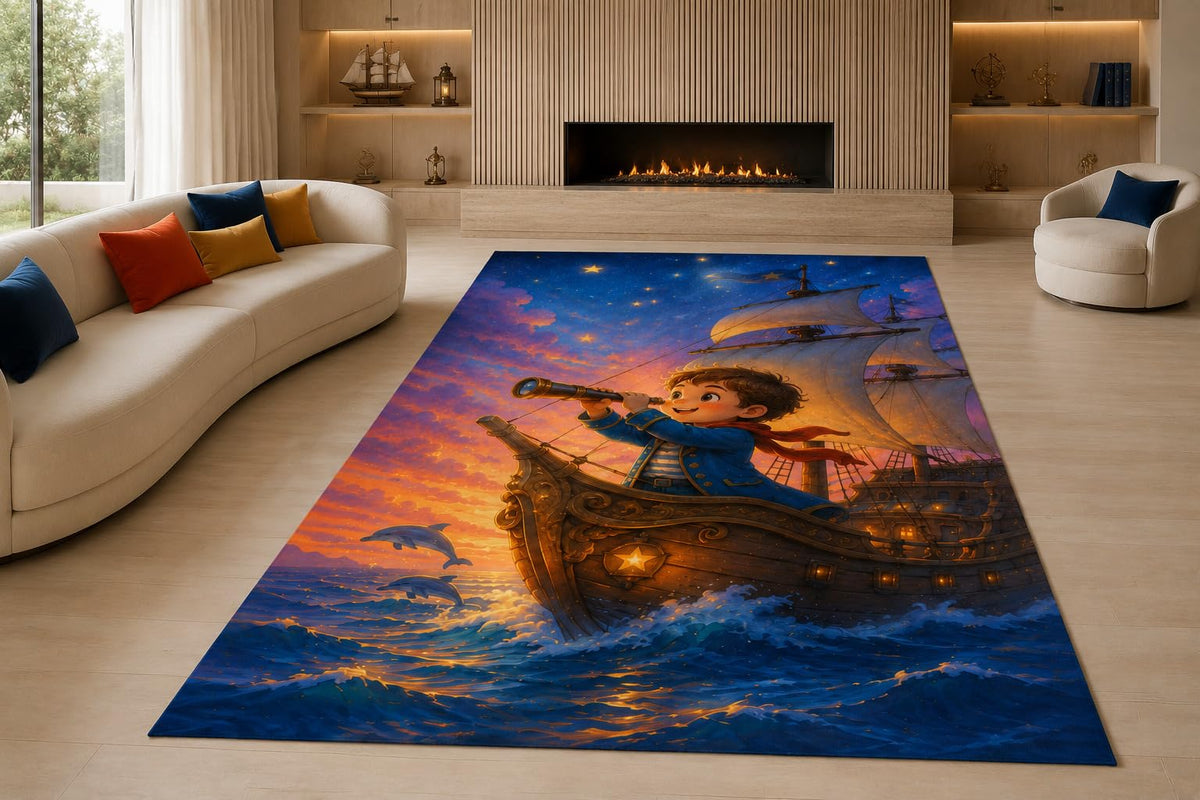 ICE ARMOR "Ultra Lightweight Large 6'7" x 9'10" Sailor Adventure Area Rug for Living Room, Bedroom and Home Office, Soft Low Pile Carpet with Non-Slip Silicone Backing, Blue and Orange
