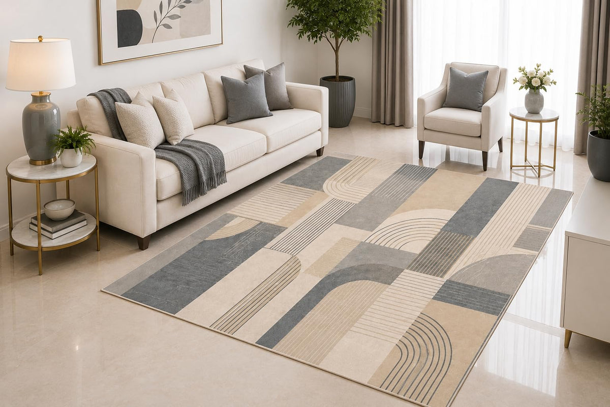 ICE ARMOR 5' x 7' Neutral Geometric Area Rug, Gray Beige Abstract Line Pattern for Living Room Bedroom Dining Room, Non-Slip Silicone Backing, Low Pile Carpet