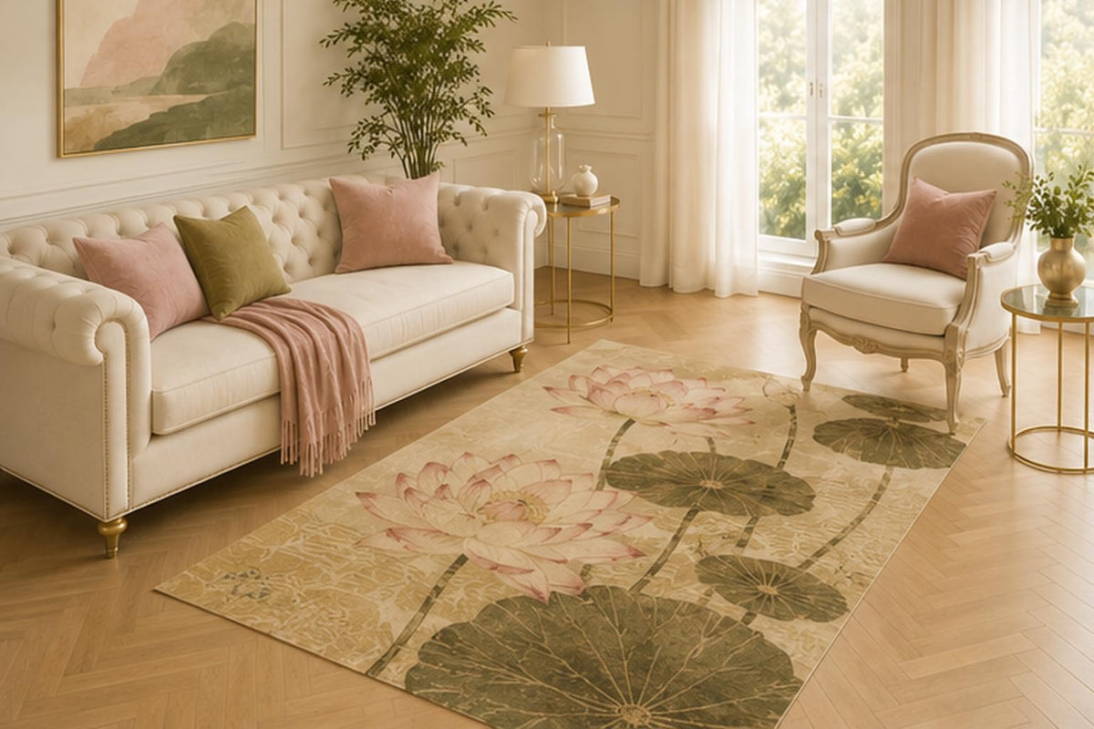 ICE ARMOR 5' x 7' Pink Lotus Botanical Area Rug for Living Room, Soft Low Pile Indoor Carpet with Non-Slip Backing for Bedroom, Dining Room, Office, Beige