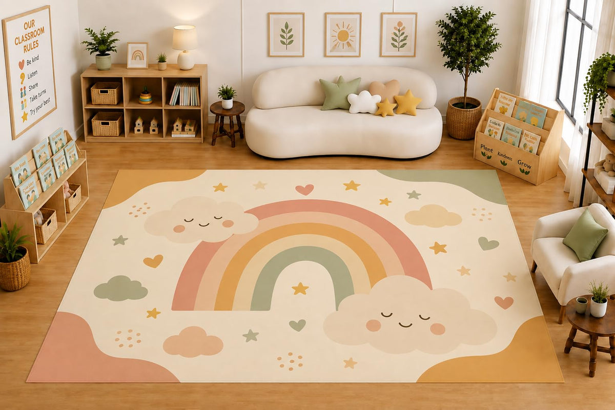 ICE ARMOR Large 6'7" x 9'10" Rainbow Clouds Stars Area Rug for for Kids Room, Classroom, Bedroom, Playroom Decor, Soft Low Pile Indoor Rug with Non-Slip Silicone Backing, Beige Pastel