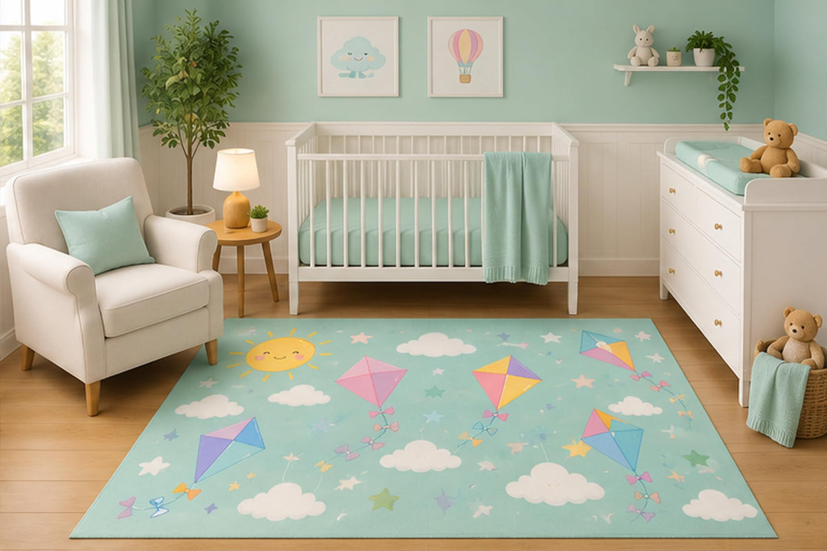 ICE ARMOR 5' x 7' Pastel Flying Kite Area Rug for Nursery Room, Cute Clouds Stars and Sunshine Sky Design for Baby Boy and Girl Playroom Decor, Non-Slip Silicone Backing Low Pile
