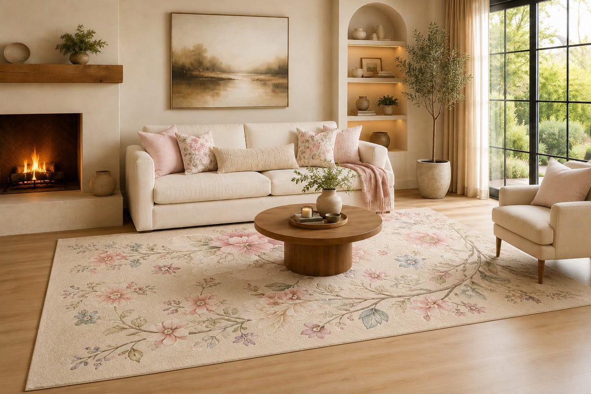 ICE ARMOR Large 6'7" x 9'10" Blush and Cream Elegant Floral Branches Area Rug for Living Room, Soft Low Pile Carpet with Non-Slip Silicone Backing, Decor for Bedroom and Home Office