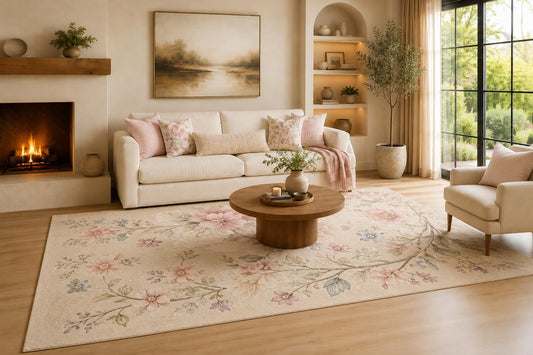 ICE ARMOR Large 6'7" x 9'10" Blush and Cream Elegant Floral Branches Area Rug for Living Room, Soft Low Pile Carpet with Non-Slip Silicone Backing, Decor for Bedroom and Home Office