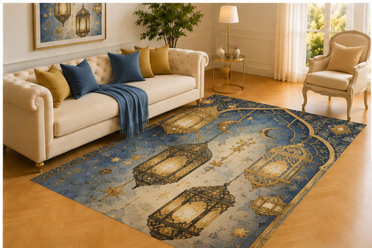 ICE ARMOR 5' x 7' Moroccan Lantern Rug, Ornate Hanging Lights with Stars, Crescent Moon and Blue Archways, Enchanting Floor Decor for Bedroom or Lounge