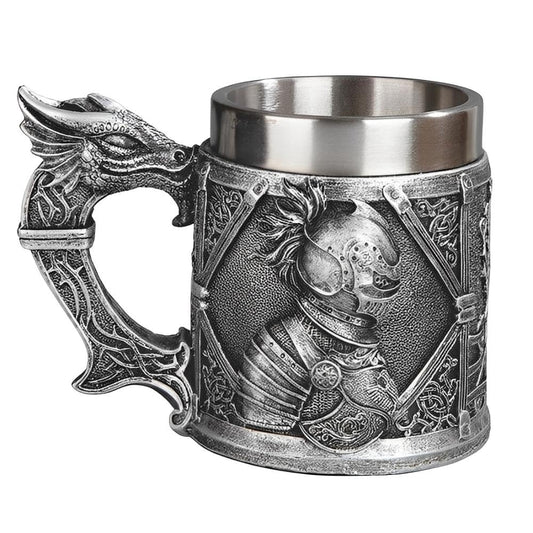 ICE ARMOR Hand Painted 6.5" W Dragon & Crusador Stainless Steel/Resin Beer Mug Tankard – Vintage Drinkware Cup for Beer, Coffee, Juice, Ale & Beverages, Rustic Barware (Wash by Hand only)