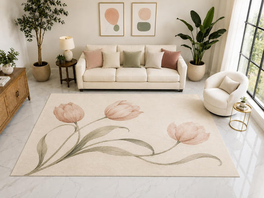ICE ARMOR "Ultra Light Weight Large 6'7" x 9'10" Pink Tulip Botanical Rug, Soft Low Pile Indoor Rug, Non-Slip Silicone Backing for Bedroom Cream Pink