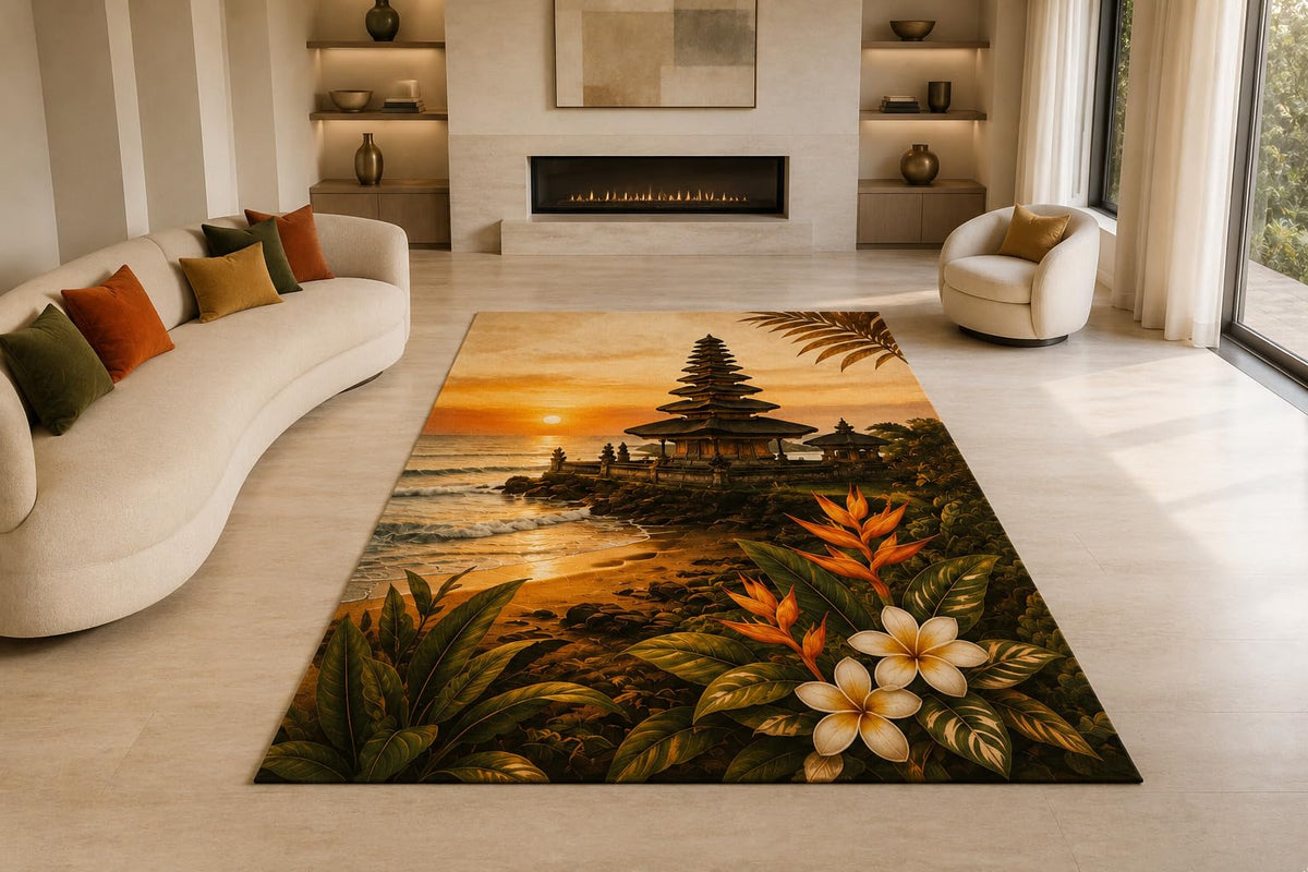 ICE ARMOR "Ultra Lightweight Large 6'7" x 9'10" Bali Temple Sunset Area Rug for Living Room, Bedroom and Home Office, Soft Low Pile Carpet with Non-Slip Silicone Backing, Orange and Green