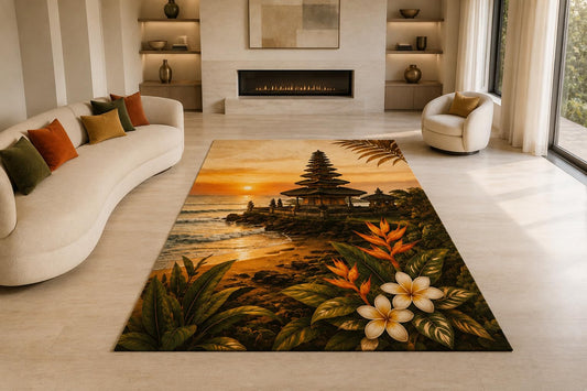 ICE ARMOR "Ultra Lightweight Large 6'7" x 9'10" Bali Temple Sunset Area Rug for Living Room, Bedroom and Home Office, Soft Low Pile Carpet with Non-Slip Silicone Backing, Orange and Green