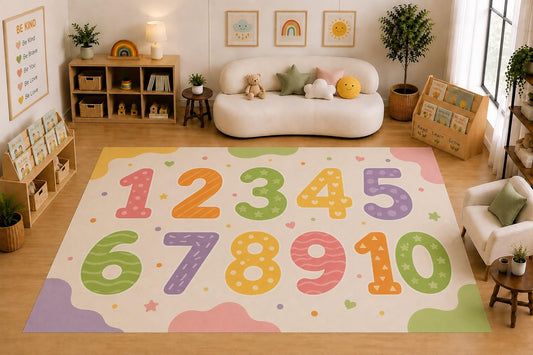 ICE ARMOR Large 6'7" x 9'10" Colorful Numbers 1 to 10 Area Rug for for Kids Room, Classroom, Bedroom, Playroom Decor, Soft Low Pile Indoor Rug with Non-Slip Silicone Backing, Pastel Cream