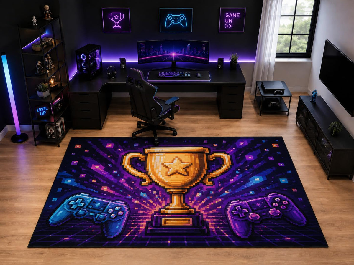 ICE ARMOR "Ultra Light Weight Large 6'7" x 9'10" Gaming Trophy Controller Area Rug for Kids Room Playroom, Soft Low Pile Indoor Rug and Non-Slip Silicone Backing, Purple