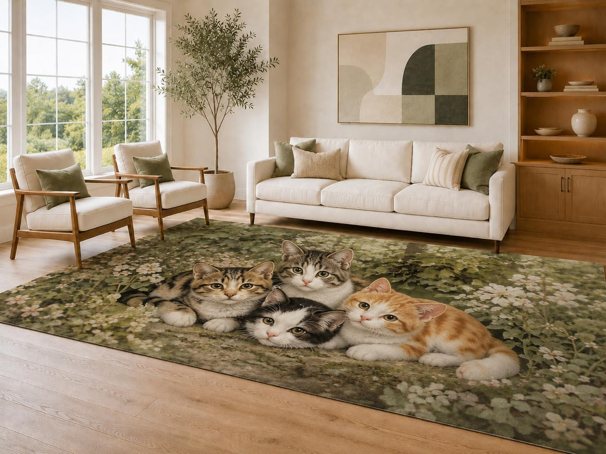 ICE ARMOR Large 6'7" x 9'10" Sage and Cream Cuddly Kittens Area Rug for Living Room, Soft Low Pile Carpet with Non-Slip Silicone Backing, Decor for Bedroom Dining Room and Home Office