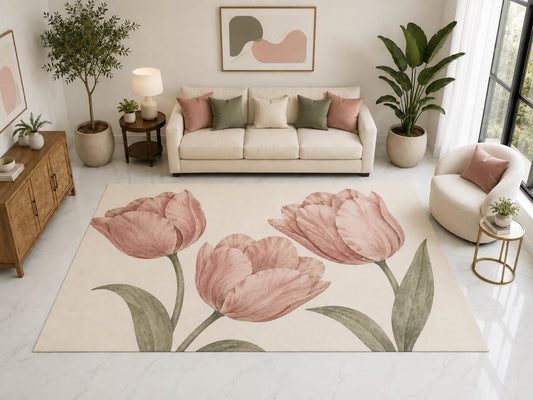 ICE ARMOR "Ultra Light Weight Large 6'7" x 9'10" Three Tulips Floral Rug, Soft Low Pile Indoor Rug, Non-Slip Silicone Backing for Living Room Pink