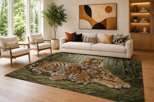ICE ARMOR Large 6'7" x 9'10" Orange and Black Tiger Family Area Rug for Living Room, Soft Low Pile Carpet with Non-Slip Silicone Backing, Decor for Bedroom and Home Office
