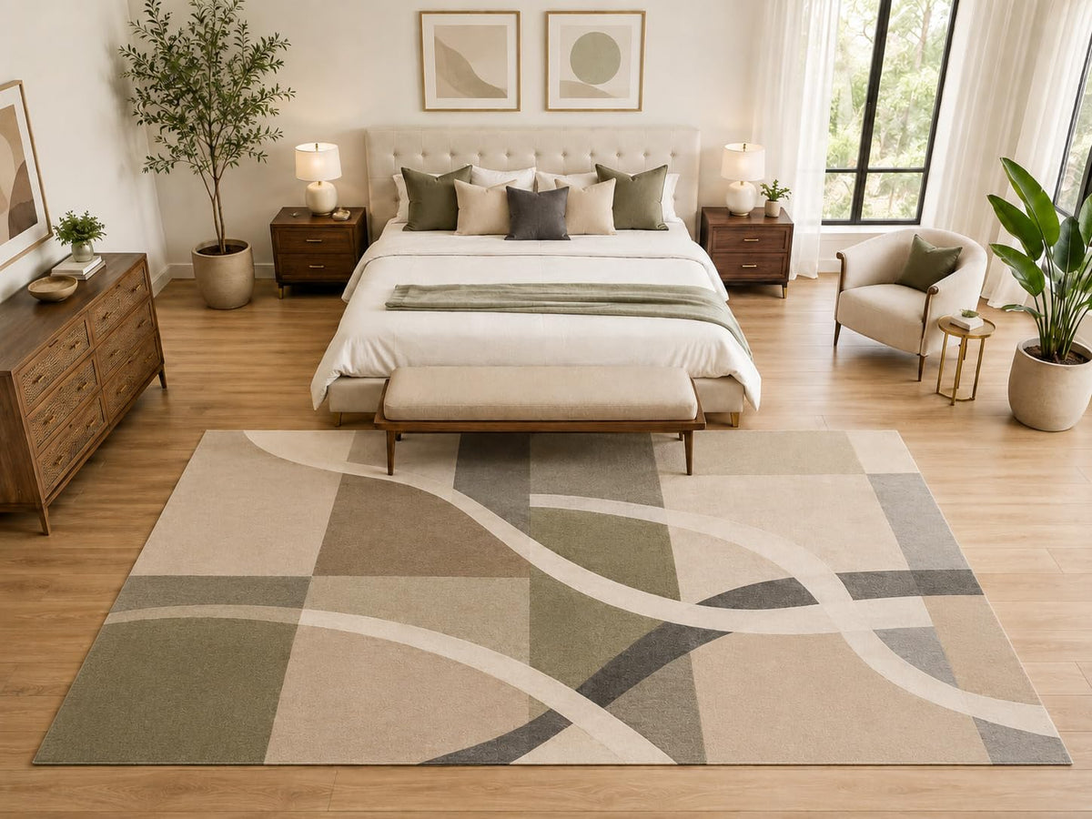 ICE ARMOR "Ultra Light Weight Large 6'7" x 9'10" Abstract Curved Grid Rug, Soft Low Pile Indoor Rug, Non-Slip Silicone Backing for Bedroom Beige