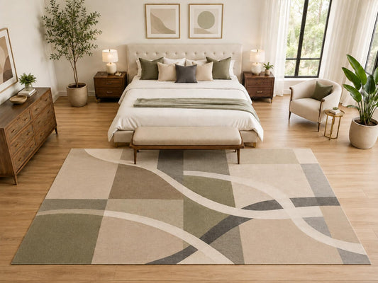 ICE ARMOR "Ultra Light Weight Large 6'7" x 9'10" Abstract Curved Grid Rug, Soft Low Pile Indoor Rug, Non-Slip Silicone Backing for Bedroom Beige