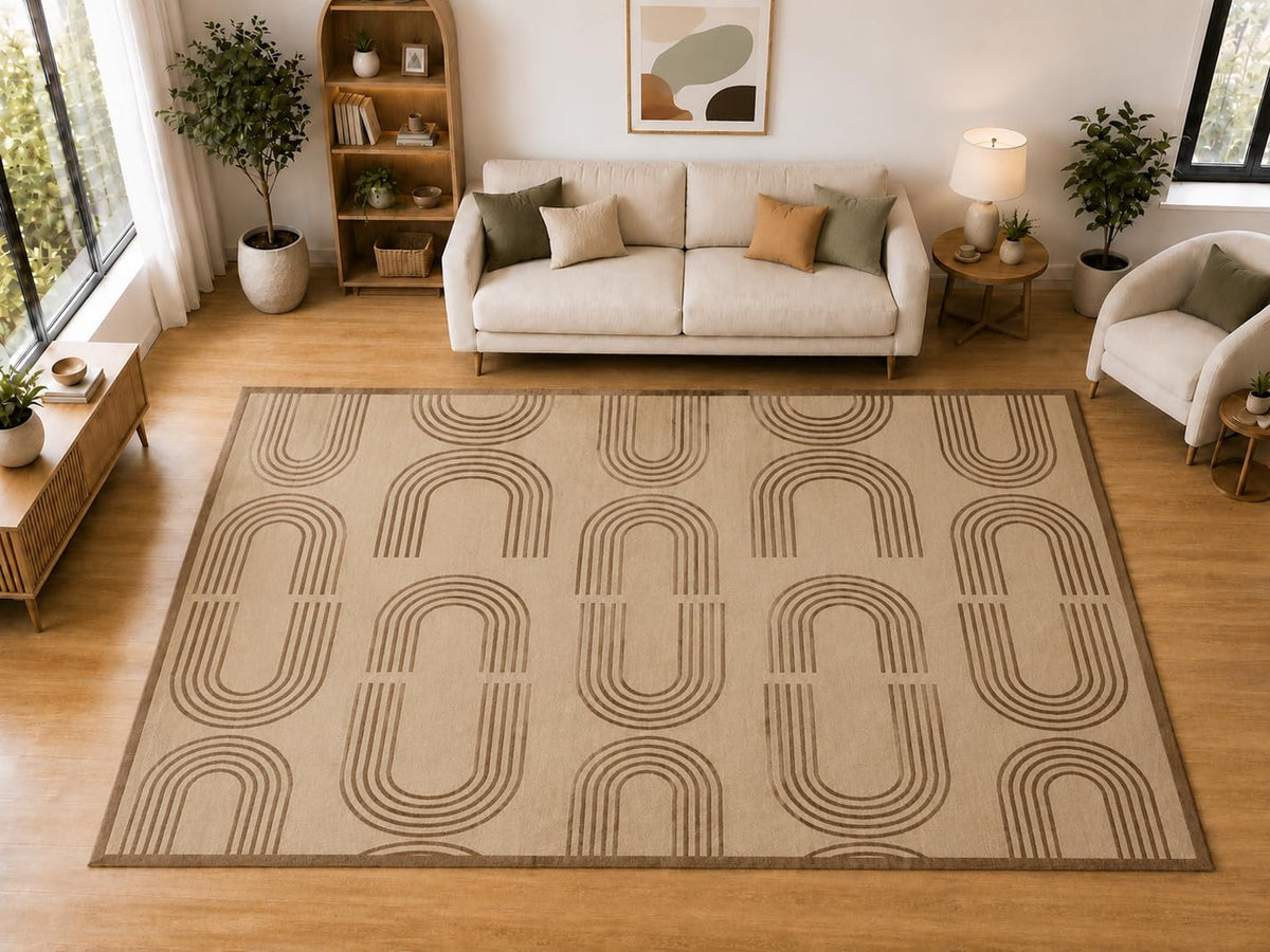 ICE ARMOR "Ultra Light Weight Large 6'7 x 9'10 Brown Arch Line Pattern Area Rug for Living Room Bedroom Dining Room Soft Low Pile Indoor Carpet Modern Neutral Floor Decor