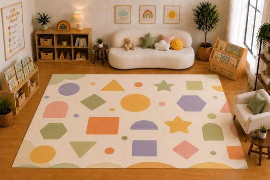 ICE ARMOR Large 6'7" x 9'10" Colorful Geometric Shapes Area Rug for for Kids Room, Classroom, Bedroom, Playroom Decor, Soft Low Pile Indoor Rug with Non-Slip Silicone Backing, Cream Multicolor