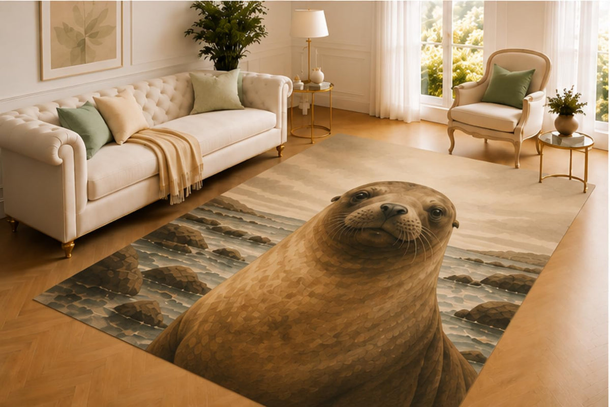 ICE ARMOR 5' x 7' Seal Rug, Gentle Coastal Animal Resting Near Rocky Shore, Soft Printed Floor Cover for Living Room, Bedroom, Nursery and Ocean Home Decor