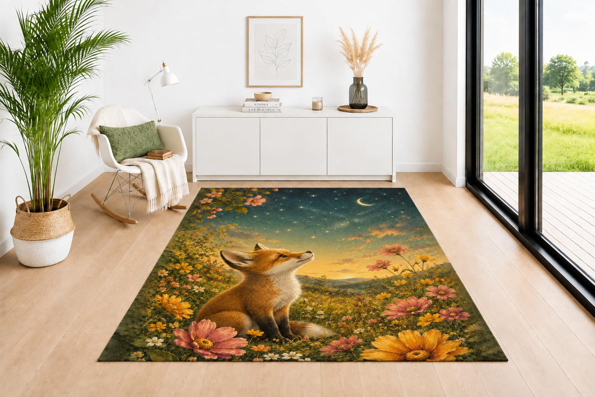 ICE ARMOR 5' x 7' Fox Wildflower Meadow Area Rug, Soft Low Pile Non-Slip Indoor Carpet with Woodland Nature Design for Living Room, Bedroom, Office, Dining Room