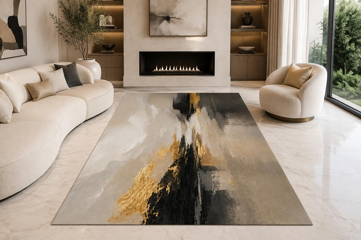 ICE ARMOR "Ultra Lightweight Large 6'7" x 9'10" Peak Strokes Area Rug for Living Room, Bedroom and Home Office, Soft Low Pile Carpet with Non-Slip Silicone Backing, Gray and Golden Color
