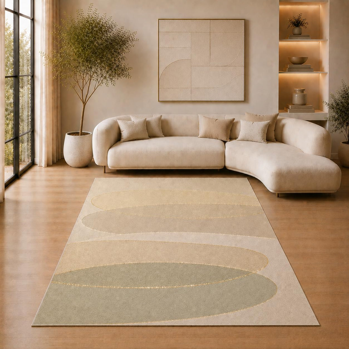 ICE ARMOR 5' x 7' Contemporary Oval Pattern Area Rug for Living Room, Soft Low Pile Indoor Rug with Non-Slip Silicone Backing, Decorative Carpet for Bedroom, Office, Family Room, Sage Green