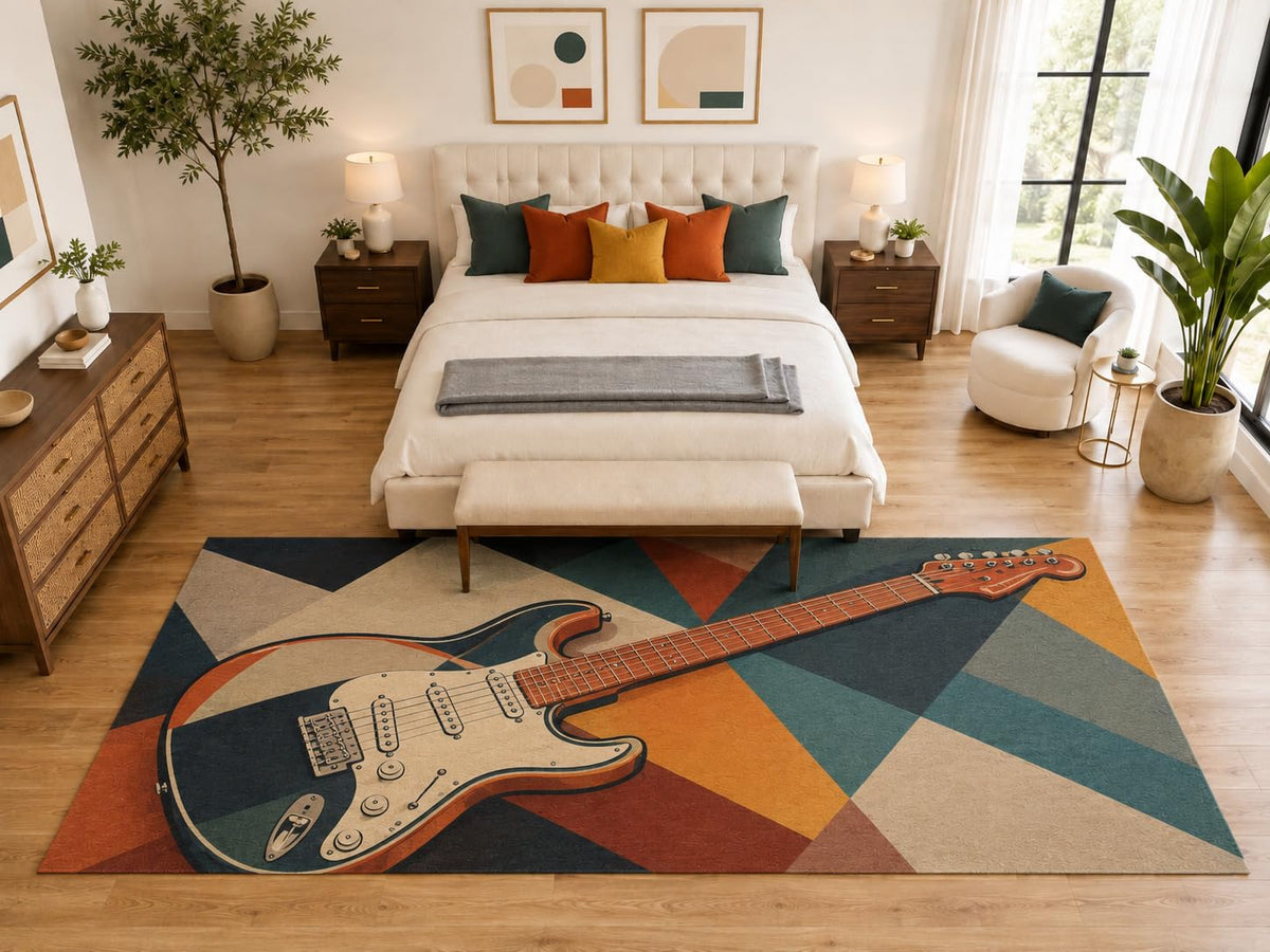 ICE ARMOR "Ultra Light Weight Large 6'7" x 9'10" Electric Guitar Geometric Rug, Soft Low Pile Indoor Rug, Non-Slip Silicone Backing for Bedroom Blue