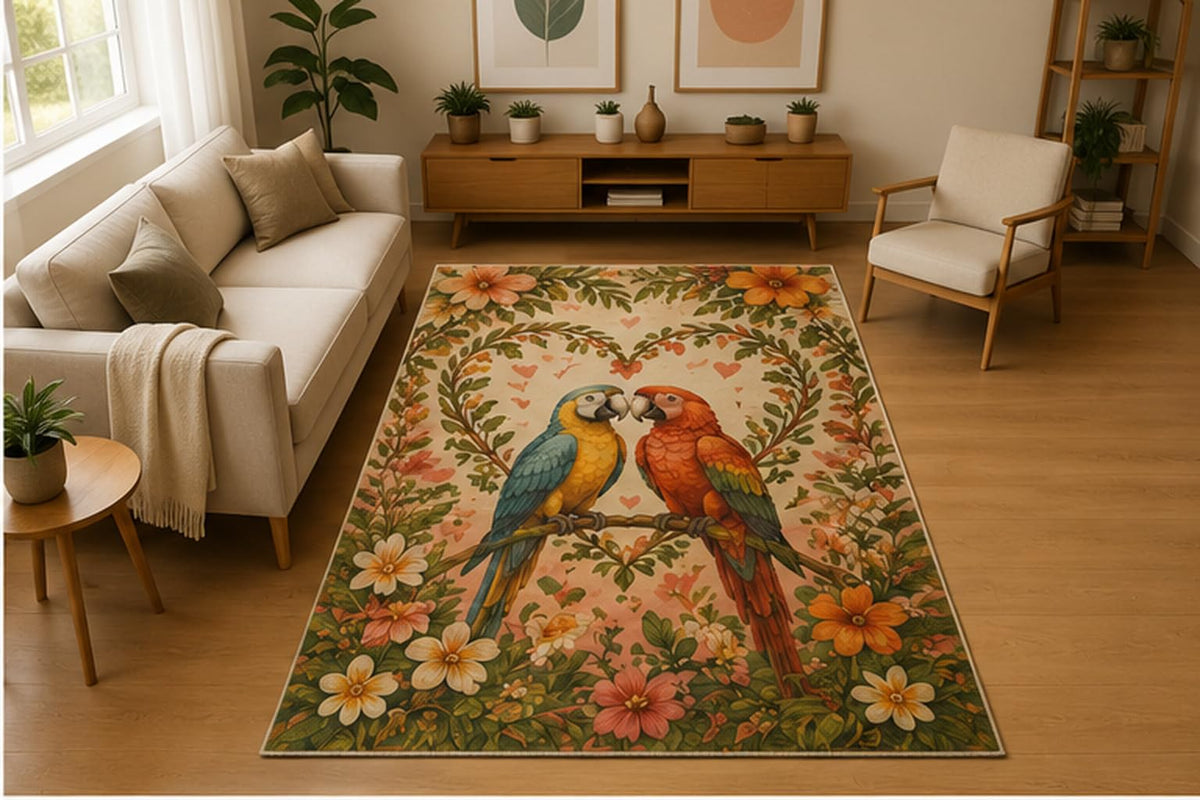 ICE ARMOR 5' x 7' Tropical Macaw Parrot Jungle Area Rug Soft Low Pile Indoor Rug with Non Slip Silicone Backing Exotic Bird Decor Carpet for Living Room Bedroom Family Room Kids and Pets Green